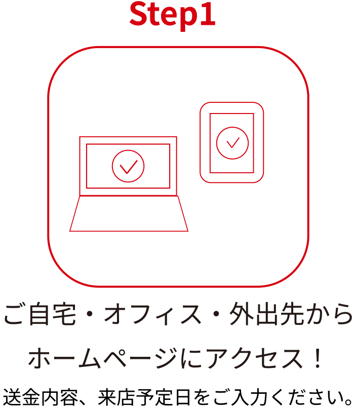 Step1 ご自宅・オフィス・外出先からホームページにアクセス!送金内容、来店予定日をご入力ください。