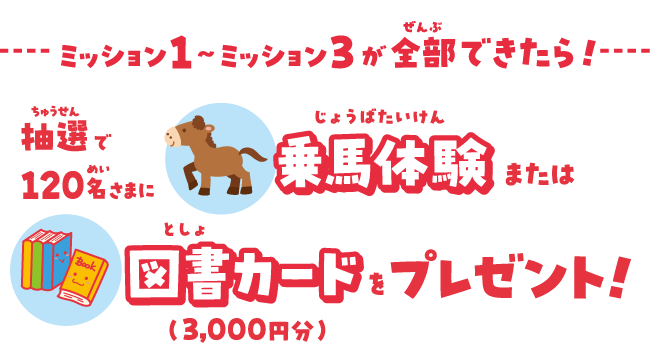 ミッション１～ミッション３が全部できたら！抽選で120名様に乗馬体験または図書カードをプレゼント！